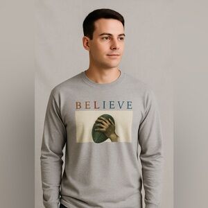 Vintage Believe Football Hands Tee Gray XL | Sports Brotherhood Long Sleeve